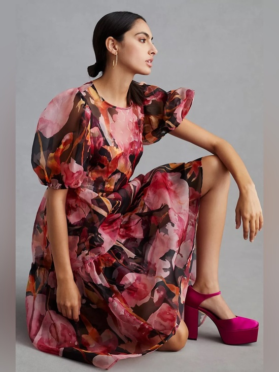 Anthropologie Dresses & Skirts - By Anthropologie Puff-Sleeve Organza Midi Dress